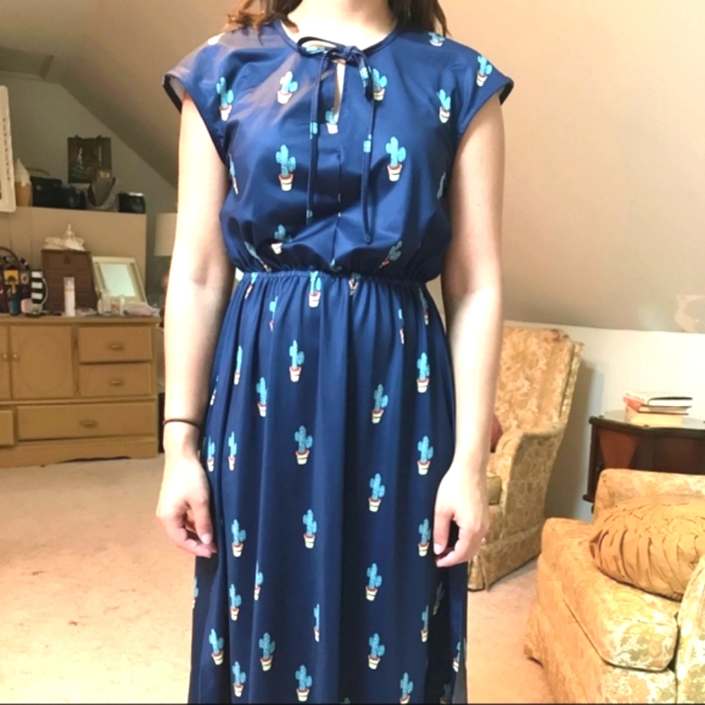 🌵 Modcloth Cactus Plant Blue Maxi Dress S - M 🌵